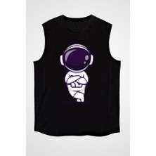 Darkhane Sıkılmış Astronot Siyah Unisex Kolsuz Tişört Kesik Kol T-Shirt