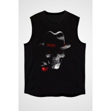 Darkhane Pipo Içen Şapkalı Kurukafa Siyah Unisex Kolsuz Tişört Kesik Kol T-Shirt