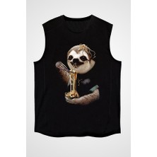 Darkhane Tembel Hayvan Yavaş Yeme Yarışması Siyah Unisex Kolsuz Tişört Kesik Kol T-Shirt