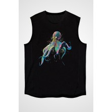 Darkhane Renkli Ahtapot Siyah Unisex Kolsuz Tişört Kesik Kol T-Shirt