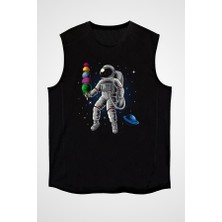 Darkhane Dondurma Gezegenler ve Astronot Siyah Unisex Kolsuz Tişört Kesik Kol T-Shirt