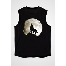 Darkhane Uluyan Kurt Siyah Unisex Kolsuz Tişört Kesik Kol T-Shirt