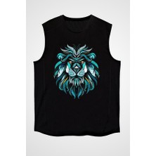 Darkhane Tasarım Aslan Siyah Unisex Kolsuz Tişört Kesik Kol T-Shirt