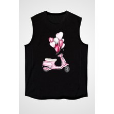 Darkhane Pembe Motosiklet Aşkı Siyah Unisex Kolsuz Tişört Kesik Kol T-Shirt