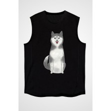 Darkhane Şirin Sibirya Kurdu Husky Haski Siyah Unisex Kolsuz Tişört Kesik Kol T-Shirt