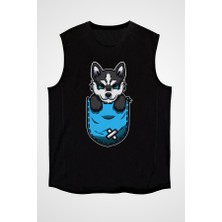 Darkhane Cepteki Sibirya Kurdu Husky Haski Siyah Unisex Kolsuz Tişört Kesik Kol T-Shirt
