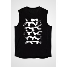 Darkhane Inek Deseni Siyah Unisex Kolsuz Tişört Kesik Kol T-Shirt
