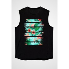 Darkhane Flamingolar Alemi Siyah Unisex Kolsuz Tişört Kesik Kol T-Shirt