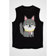 Darkhane Sevimli Sibirya Kurdu Husky Haski Siyah Unisex Kolsuz Tişört Kesik Kol T-Shirt