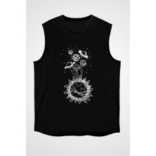 Darkhane Güneş ve Gezegenler Siyah Unisex Kolsuz Tişört Kesik Kol T-Shirt
