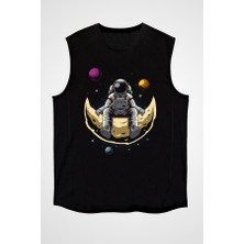 Darkhane Ayda Oturan Astronot Siyah Unisex Kolsuz Tişört Kesik Kol T-Shirt