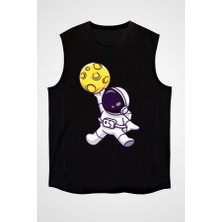 Darkhane Sevimli Basketbolcu Astronot Siyah Unisex Kolsuz Tişört Kesik Kol T-Shirt