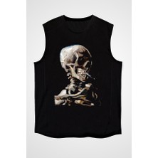 Darkhane Sigara Içen Kurukafa Siyah Unisex Kolsuz Tişört Kesik Kol T-Shirt