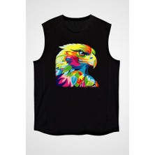 Darkhane Renkli Kartal Siyah Unisex Kolsuz Tişört Kesik Kol T-Shirt