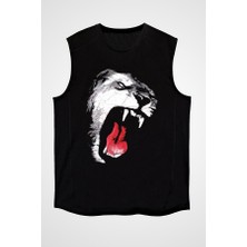 Darkhane Kükreyen Kaplan Siyah Unisex Kolsuz Tişört Kesik Kol T-Shirt