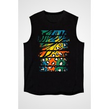 Darkhane Renkli Vahşi Hayvan Deseni Siyah Unisex Kolsuz Tişört Kesik Kol T-Shirt