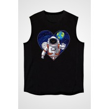 Darkhane Uzayı Seven Astronot Siyah Unisex Kolsuz Tişört Kesik Kol T-Shirt