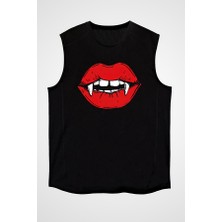 Darkhane Halloween Vampir Dişler Siyah Unisex Kolsuz Tişört Kesik Kol T-Shirt