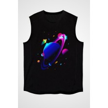 Darkhane Satürn Siyah Unisex Kolsuz Tişört Kesik Kol T-Shirt