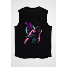 Darkhane Karga ve Kurt Siyah Unisex Kolsuz Tişört Kesik Kol T-Shirt