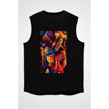 Darkhane Kanaviçe Siyah Unisex Kolsuz Tişört Kesik Kol T-Shirt