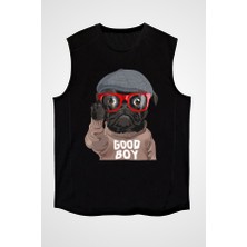 Darkhane Gözlüklü Kötü Pug Siyah Unisex Kolsuz Tişört Kesik Kol T-Shirt