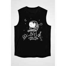 Darkhane Okçu Astronot Siyah Unisex Kolsuz Tişört Kesik Kol T-Shirt
