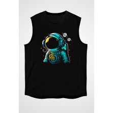 Darkhane Maskot Astronot Siyah Unisex Kolsuz Tişört Kesik Kol T-Shirt