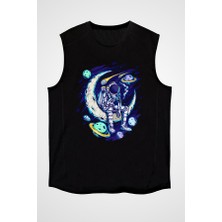 Darkhane Sigara Içen Astronot Siyah Unisex Kolsuz Tişört Kesik Kol T-Shirt