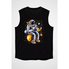 Darkhane Yıldız Tutan Balıkçı Astronot Siyah Unisex Kolsuz Tişört Kesik Kol T-Shirt