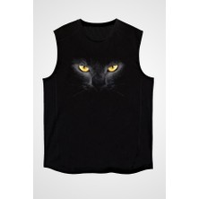 Darkhane Kara Kedi Siyah Unisex Kolsuz Tişört Kesik Kol T-Shirt