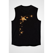 Darkhane Yıldız Siyah Unisex Kolsuz Tişört Kesik Kol T-Shirt