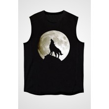 Darkhane Uluyan Kurt Siyah Unisex Kolsuz Tişört Kesik Kol T-Shirt