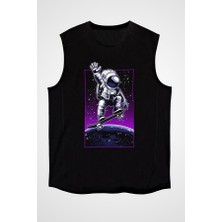 Darkhane Astronot Kaykaycı Siyah Unisex Kolsuz Tişört Kesik Kol T-Shirt