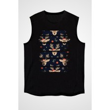 Darkhane Uyuyan Geyik Siyah Unisex Kolsuz Tişört Kesik Kol T-Shirt