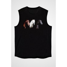 Darkhane Yeleli Atlar Siyah Unisex Kolsuz Tişört Kesik Kol T-Shirt