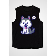 Darkhane Yavru Şirin Sibirya Kurdu Husky Haski Siyah Unisex Kolsuz Tişört Kesik Kol T-Shirt