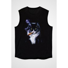Darkhane Puro Içen Karizmatik Kedi Siyah Unisex Kolsuz Tişört Kesik Kol T-Shirt