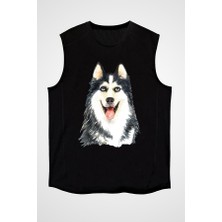 Darkhane Sibirya Kurdu Husky Haski Sevgisi Siyah Unisex Kolsuz Tişört Kesik Kol T-Shirt
