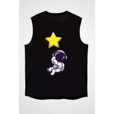Darkhane Yıldız Tutan Şirin Astronot Siyah Unisex Kolsuz Tişört Kesik Kol T-Shirt