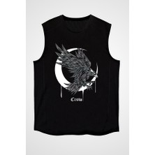 Darkhane Karga ve Ay Siyah Unisex Kolsuz Tişört Kesik Kol T-Shirt