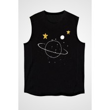Darkhane Satürn ve Uzay Siyah Unisex Kolsuz Tişört Kesik Kol T-Shirt
