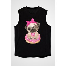 Darkhane Donut Üstünde Oturan Küçük Pug Siyah Unisex Kolsuz Tişört Kesik Kol T-Shirt
