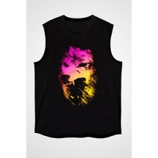 Darkhane Renkli Kurt Siyah Unisex Kolsuz Tişört Kesik Kol T-Shirt