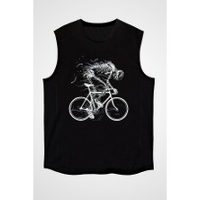 Darkhane Bisikletçi Kedi Siyah Unisex Kolsuz Tişört Kesik Kol T-Shirt