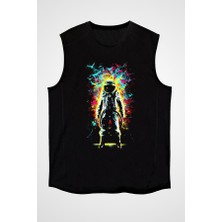 Darkhane Renkli Astronot Siyah Unisex Kolsuz Tişört Kesik Kol T-Shirt