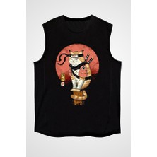 Darkhane Uzakdoğu Samuray Kedi Siyah Unisex Kolsuz Tişört Kesik Kol T-Shirt
