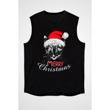 Darkhane Yılbaşı Yeni Yıl Noel Kedi Siyah Unisex Kolsuz Tişört Kesik Kol T-Shirt
