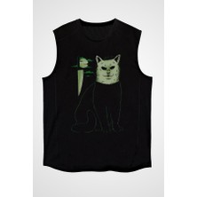 Darkhane Katil Kedi Siyah Unisex Kolsuz Tişört Kesik Kol T-Shirt