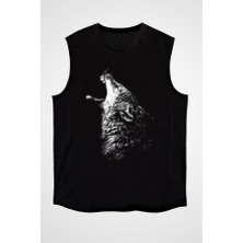 Darkhane Uluyan Kurt Siyah Unisex Kolsuz Tişört Kesik Kol T-Shirt